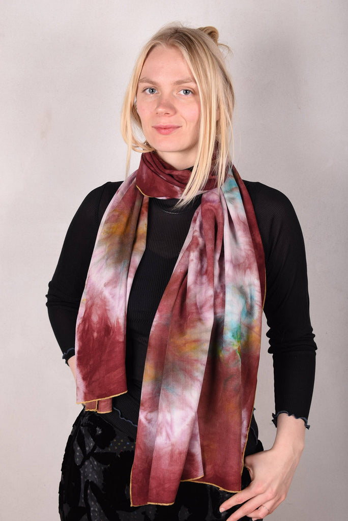 Noil Silk/viscose scarf/shawl. Print: Tie-dye "Reddie" - Tone Barker Silk