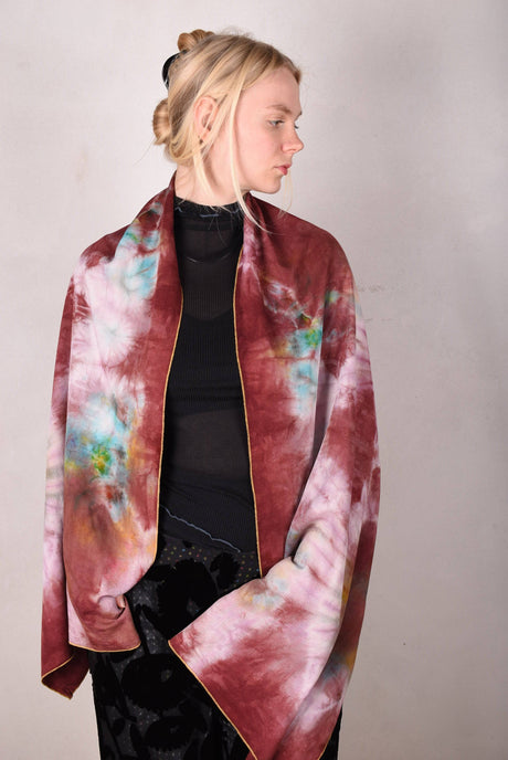 Noil Silk/viscose scarf/shawl. Print: Tie-dye "Reddie" - Tone Barker Silk