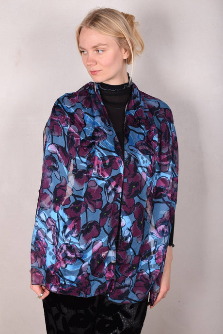 Scarf/Shawl in silk devoré (silk + viscose) print "Shady Poppie" - Tone Barker Silk