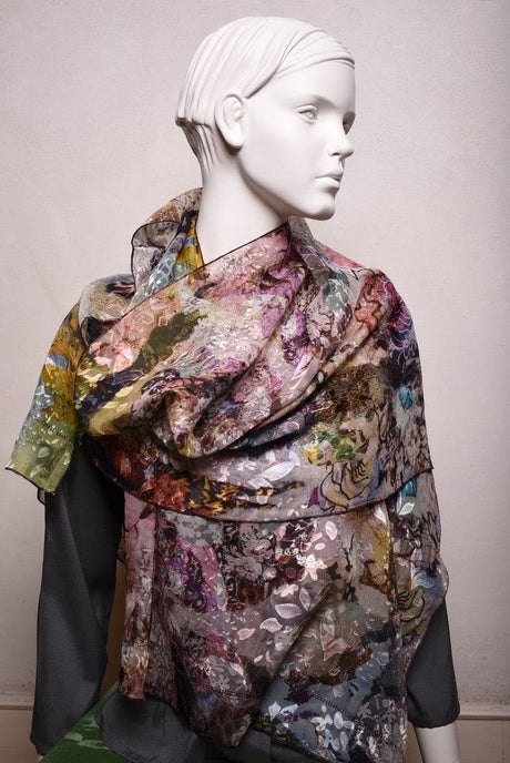 Scarf/Shawl in silk devoré (silk + viscose) print "Val-de-Nulle" - Tone Barker Silk