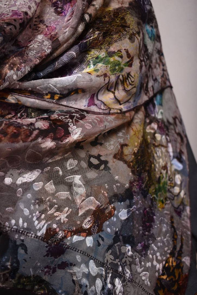 Scarf/Shawl in silk devoré (silk + viscose) print "Val-de-Nulle" - Tone Barker Silk