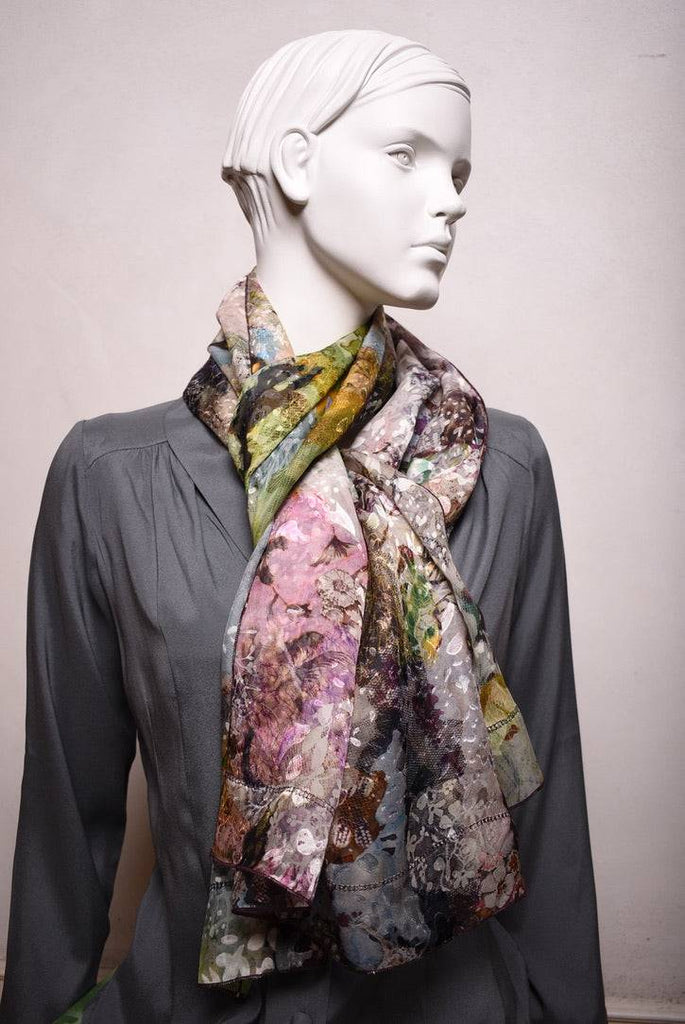 Scarf/Shawl in silk devoré (silk + viscose) print "Val-de-Nulle" - Tone Barker Silk