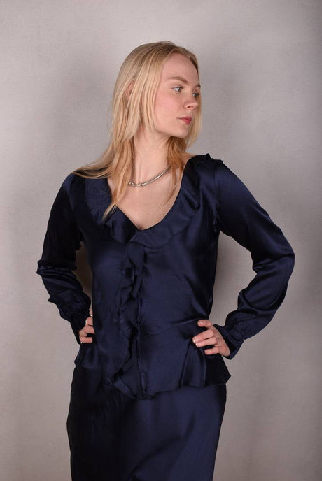 Palma - Silk shirt with frill,  "Midnight blue" - Tone Barker Silk
