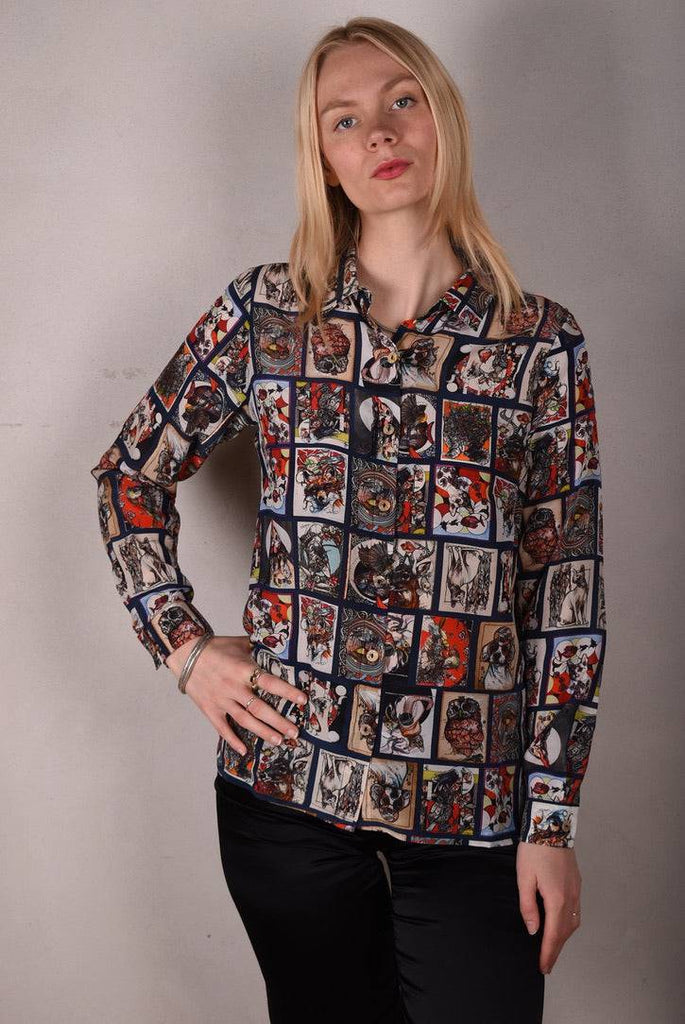 Tamie-crepe. 100% Silk crepe shirt. Print "Susminor"by artist Suse Hartung - Tone Barker Silk
