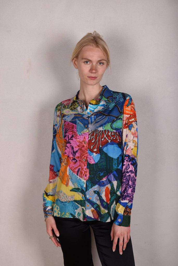 Tamie-Stretch Silk satin  shirt. Print "Giadams" - Tone Barker Silk