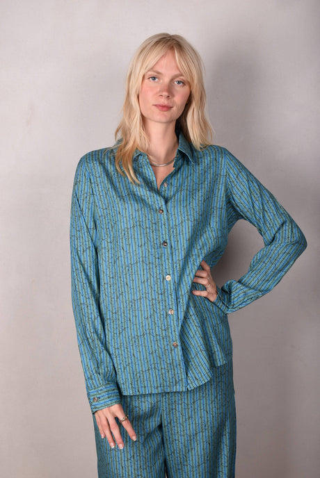 Tamie-Stretch Silk satin  shirt. Print "Green-stripe" - Tone Barker Silk
