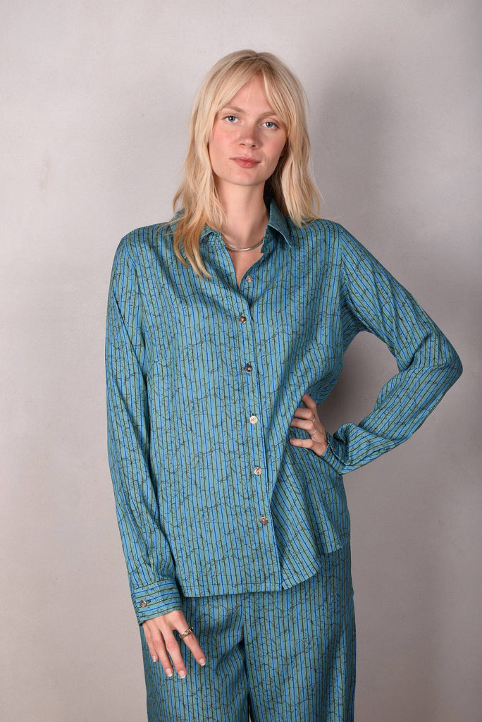 Tamie-Stretch Silk satin  shirt. Print "Green-stripe" - Tone Barker Silk
