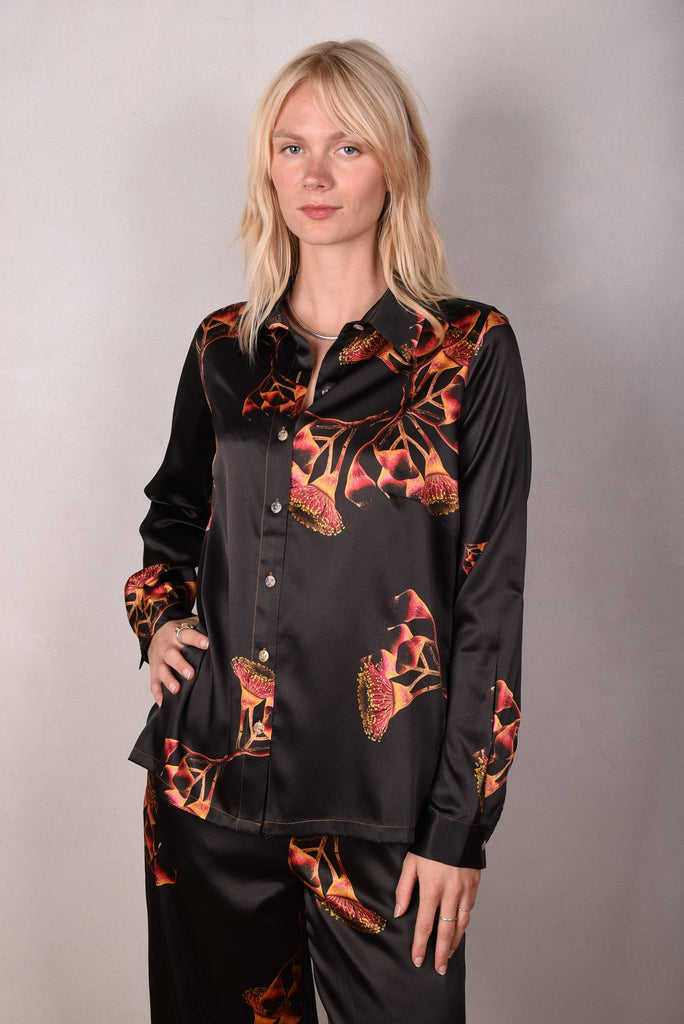 Tamie-Stretch Silk satin  shirt. Print "Gumnut" - Tone Barker Silk
