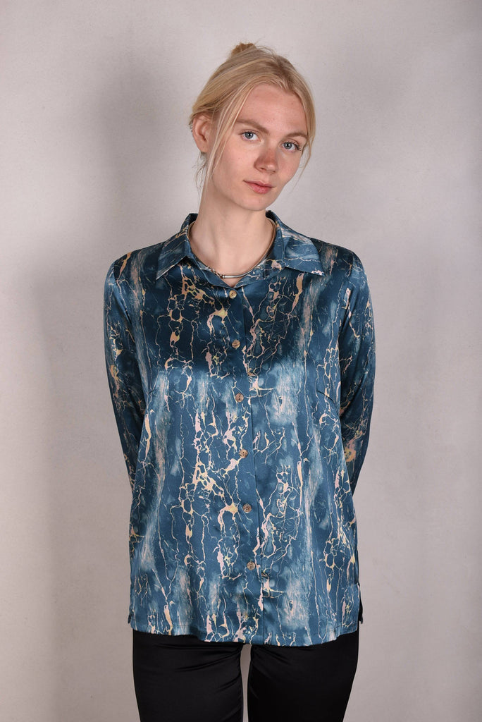 Tamie-Stretch Silk satin  shirt. Print "Marble-lite" - Tone Barker Silk
