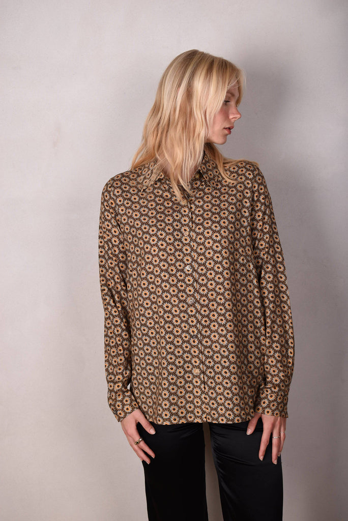 Tamie-Stretch Silk satin  shirt. Print "Ogard" - Tone Barker Silk