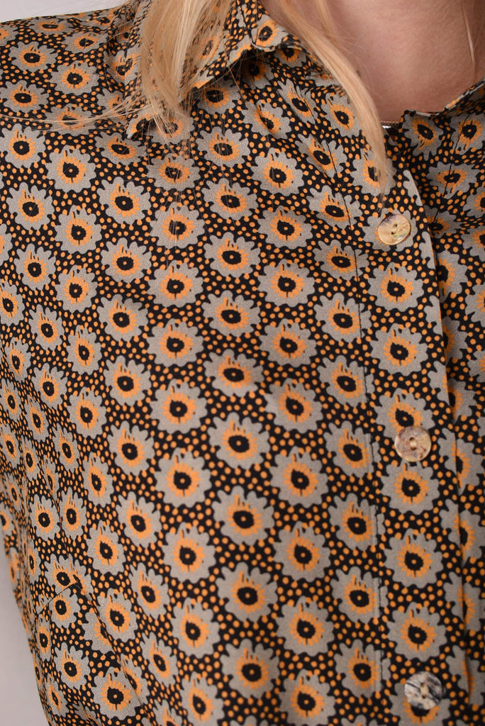 Tamie-Stretch Silk satin  shirt. Print "Ogard" - Tone Barker Silk