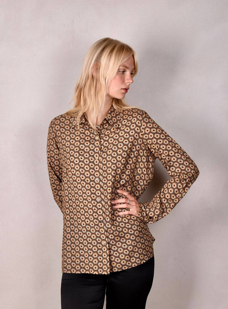 Tamie-Stretch Silk satin  shirt. Print "Ogard" - Tone Barker Silk