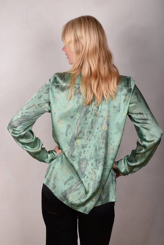 Tamie-Stretch Silk satin  shirt. Print "Sea-Mar" - Tone Barker Silk