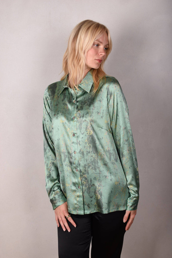 Tamie-Stretch Silk satin  shirt. Print "Sea-Mar" - Tone Barker Silk