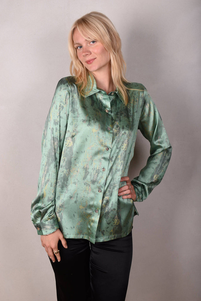 Tamie-Stretch Silk satin  shirt. Print "Sea-Mar" - Tone Barker Silk