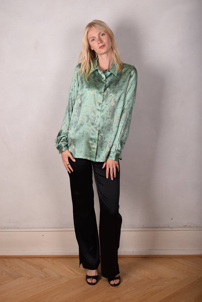 Tamie-Stretch Silk satin  shirt. Print "Sea-Mar" - Tone Barker Silk