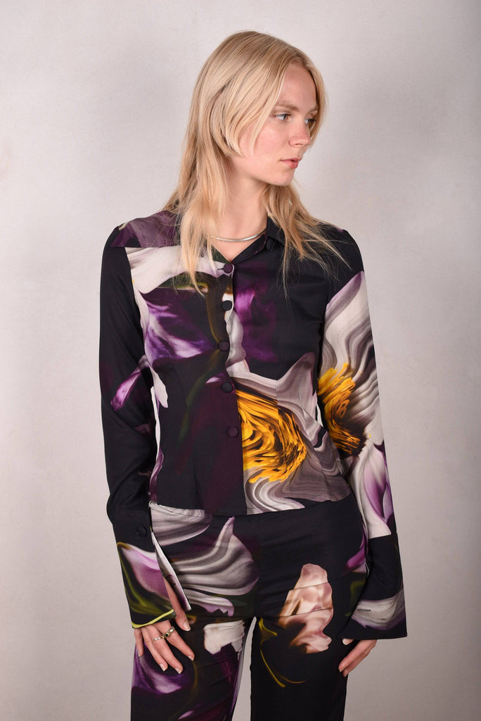 M.BARKER Silk shirt in stretch silk "Deflowered" by Marie Barker - Tone Barker Silk