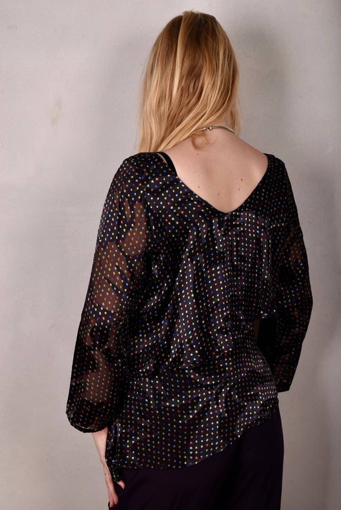 Nymphey, Asymetric top. Silk satin devoré on stretch silk satin. Print "Blears" on stretch silk "petrol" - Tone Barker Silk