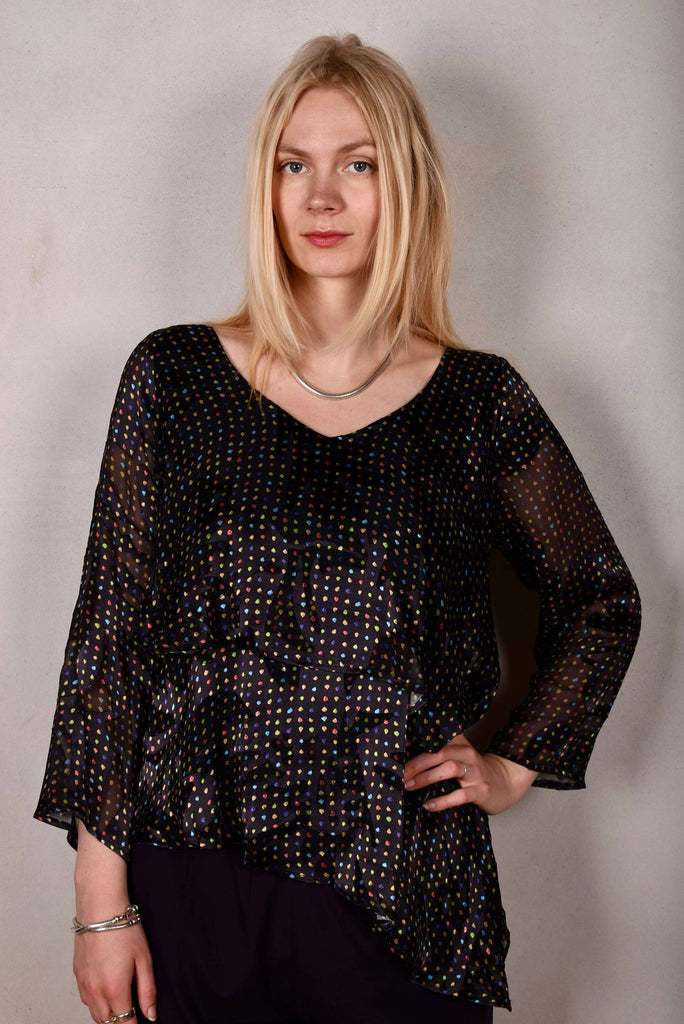 Nymphey, Asymetric top. Silk satin devoré on stretch silk satin. Print "Blears" on stretch silk "petrol" - Tone Barker Silk