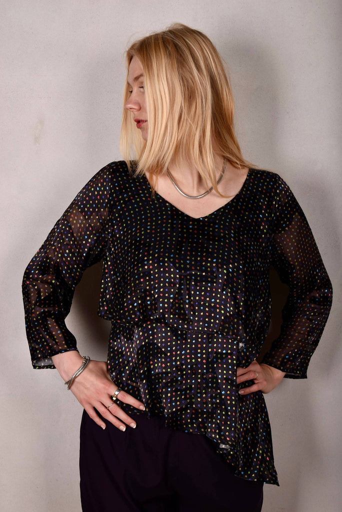 Nymphey, Asymetric top. Silk satin devoré on stretch silk satin. Print "Blears" on stretch silk "petrol" - Tone Barker Silk