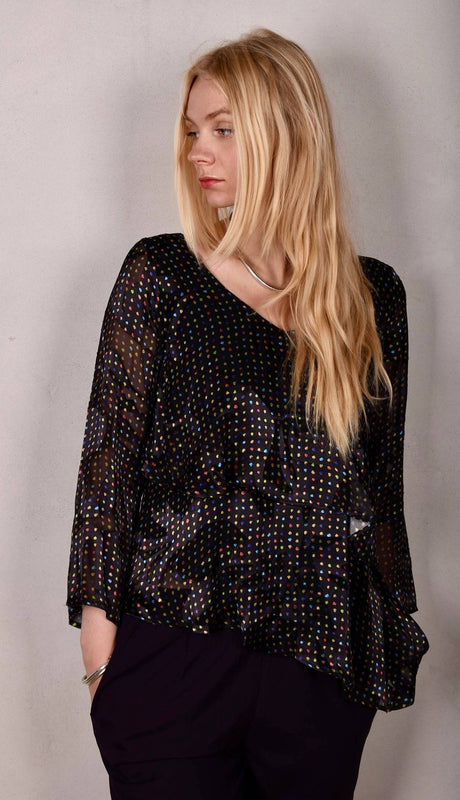 Nymphey, Asymetric top. Silk satin devoré on stretch silk satin. Print "Blears" on stretch silk "petrol" - Tone Barker Silk