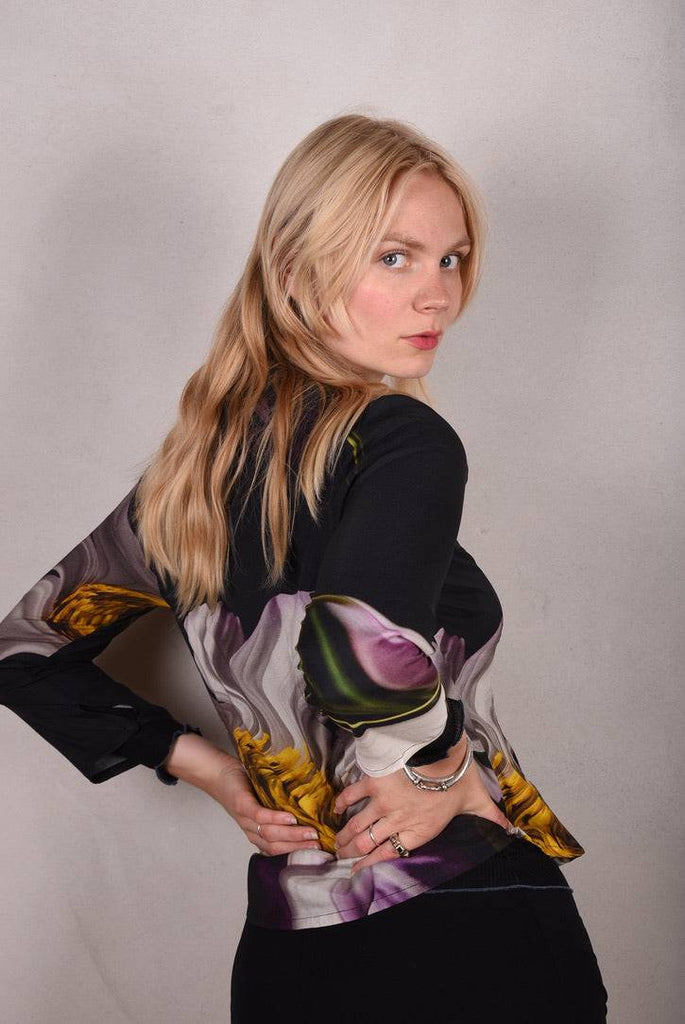 Bifty. Shirt/jacket in Stretch Silk Satin with covered buttons "Deflowered" - Tone Barker Silk