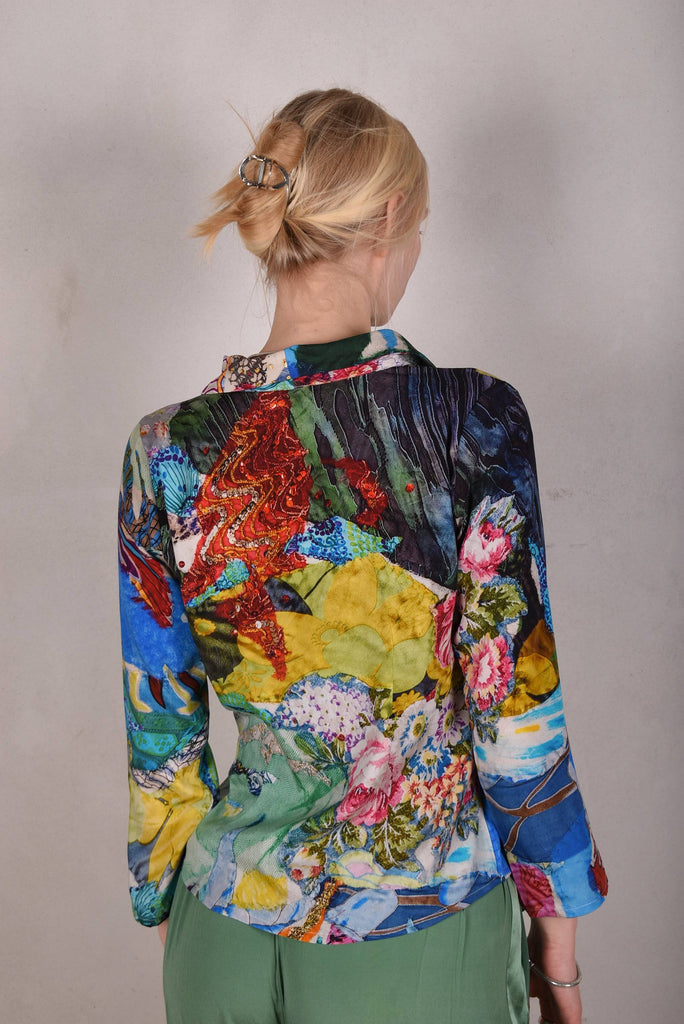 Bifty. Shirt/jacket in Stretch Silk Satin with covered buttons "Giadams" - Tone Barker Silk