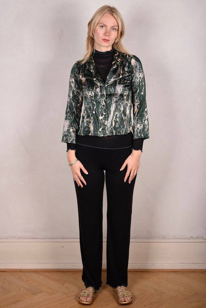 Bifty. Shirt/jacket in Stretch Silk Satin with covered buttons "Grarble" - Tone Barker Silk