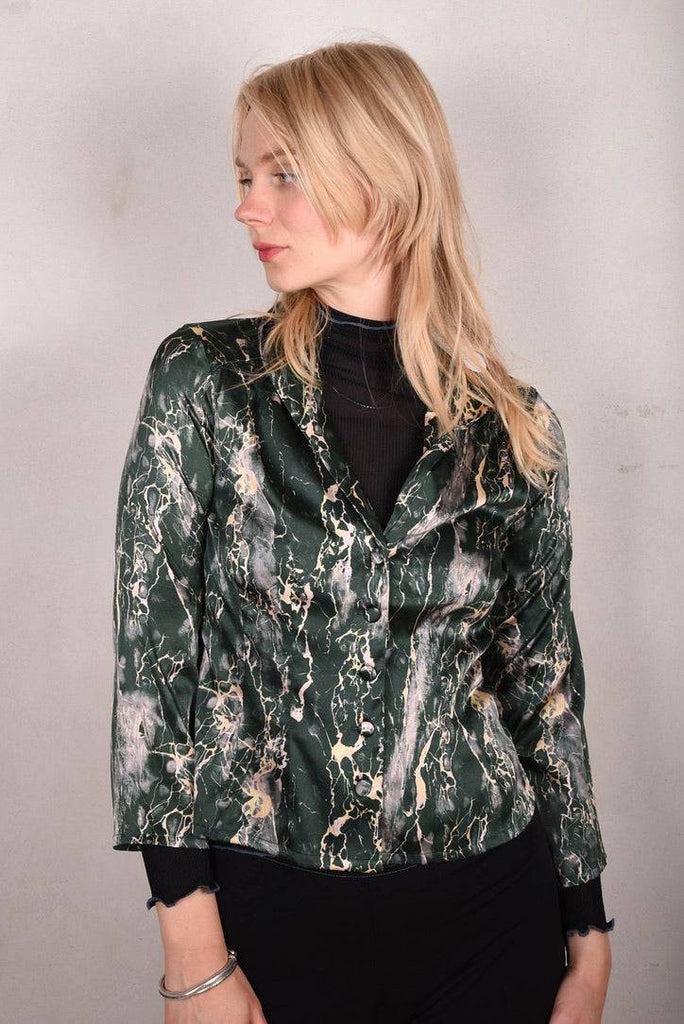 Bifty. Shirt/jacket in Stretch Silk Satin with covered buttons "Grarble" - Tone Barker Silk