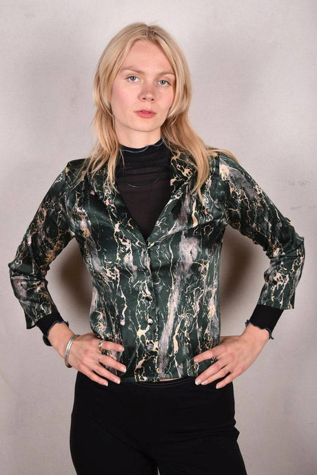 Bifty. Shirt/jacket in Stretch Silk Satin with covered buttons "Grarble" - Tone Barker Silk