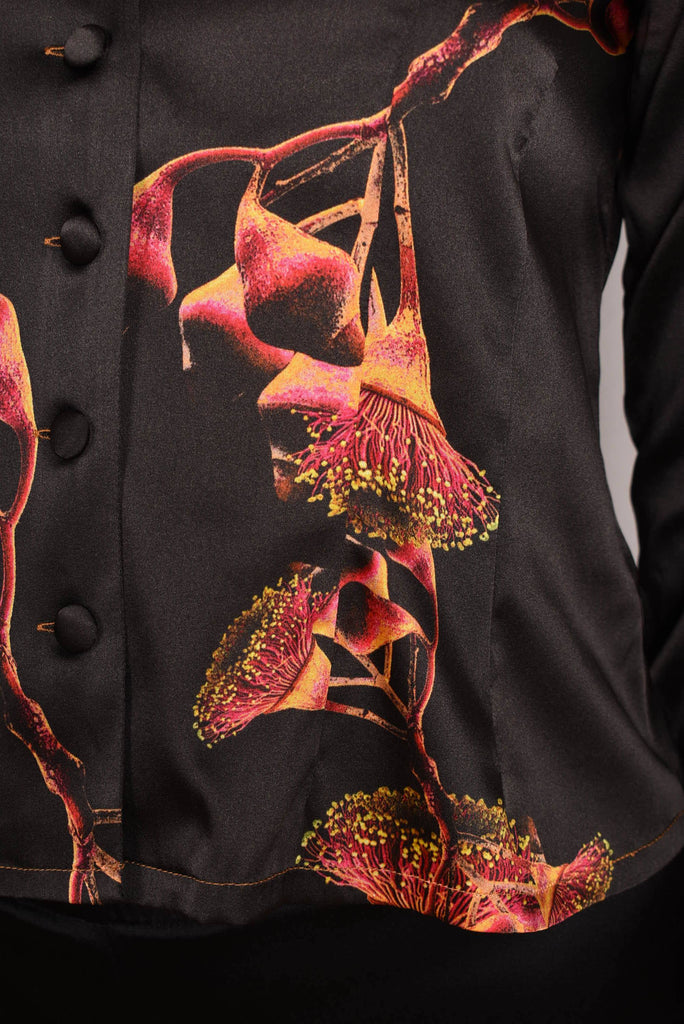 Bifty. Shirt/jacket in Stretch Silk Satin with covered buttons "Gumnut" - Tone Barker Silk