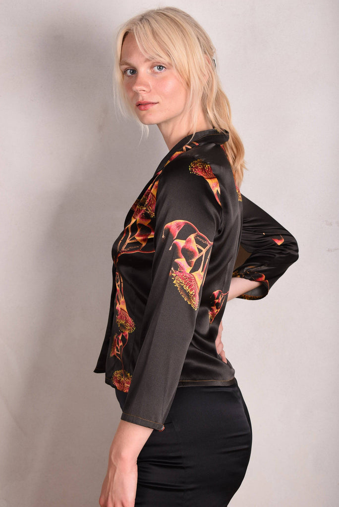 Bifty. Shirt/jacket in Stretch Silk Satin with covered buttons "Gumnut" - Tone Barker Silk