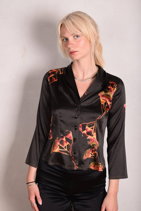 Bifty. Shirt/jacket in Stretch Silk Satin with covered buttons "Gumnut" - Tone Barker Silk