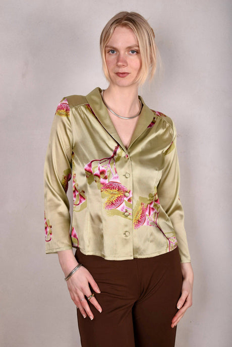 Bifty. Shirt/jacket in Stretch Silk Satin with covered buttons "Khanut" - Tone Barker Silk