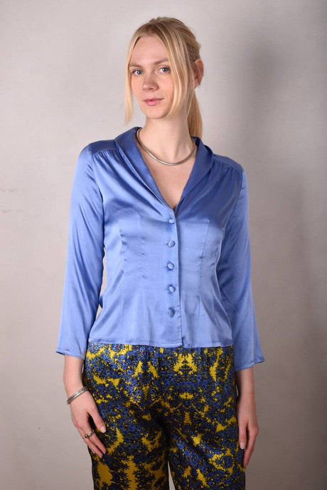 Bifty. Shirt/jacket in Stretch Silk Satin with covered buttons "Martinblue" - Tone Barker Silk
