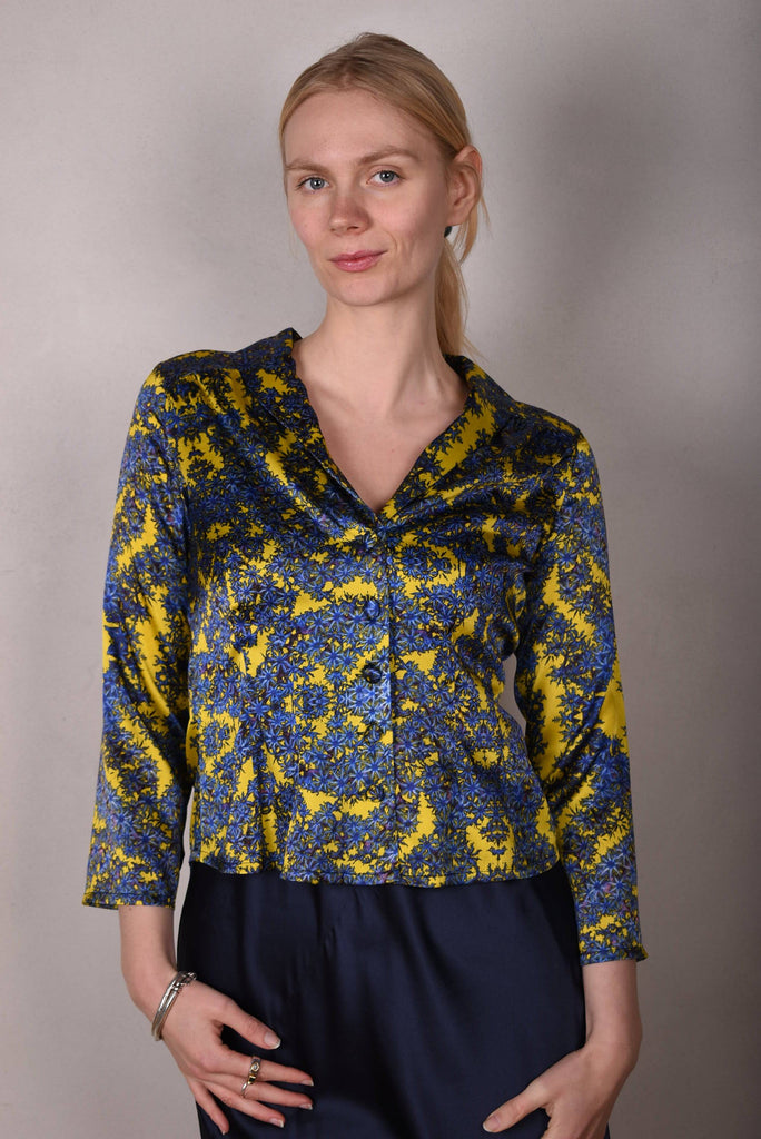 Bifty. Shirt/jacket in Stretch Silk Satin with covered buttons "Sand Reef" - Tone Barker Silk