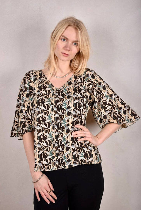 Katie-Noil silk mix. Wide sleeve top in Noilsilk/viscose . "Bird/branch" - Tone Barker Silk