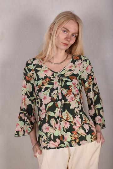Katie. Wide sleeve top in silk/viscose Crepe-de-Chine. "Bee-bloom" - Tone Barker Silk