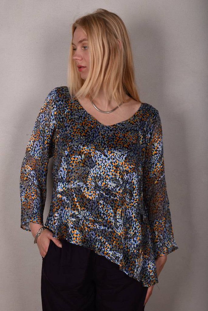 Nymphey, Asymetric top. Silk satin devoré on stretch silk satin. Print "I-drops" on stretch silk "Night Purple" - Tone Barker Silk