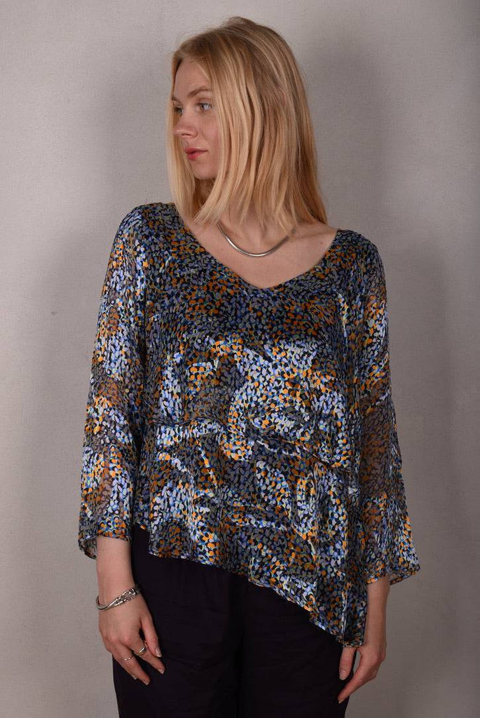 Nymphey, Asymetric top. Silk satin devoré on stretch silk satin. Print "I-drops" on stretch silk "Night Purple" - Tone Barker Silk