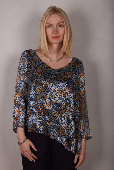 Nymphey, Asymetric top. Silk satin devoré on stretch silk satin. Print "I-drops" on stretch silk "Night Purple" - Tone Barker Silk