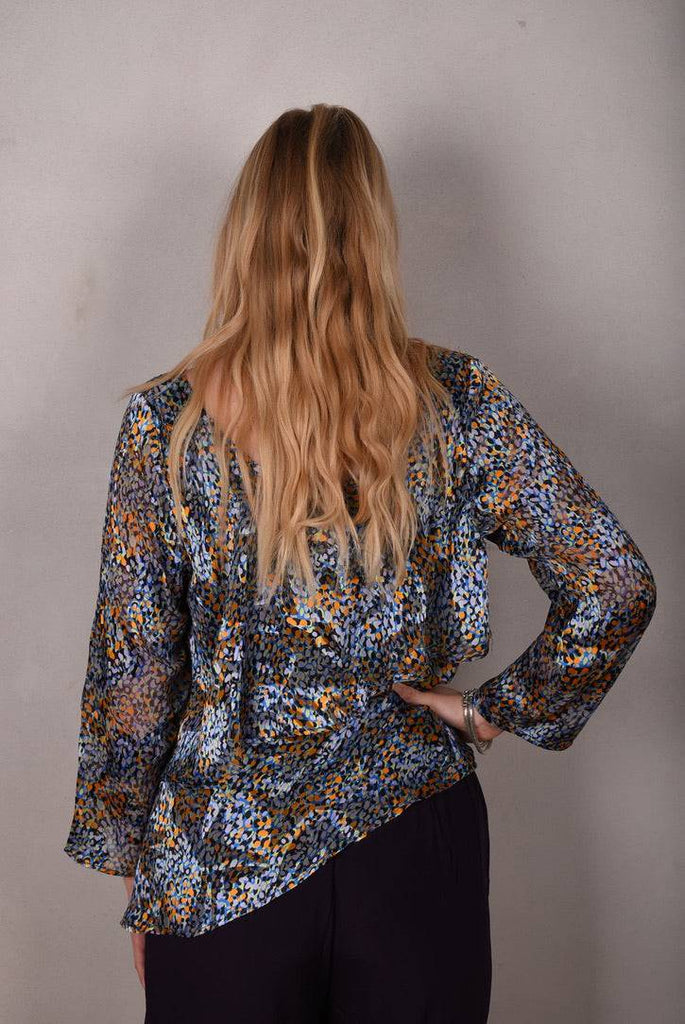 Nymphey, Asymetric top. Silk satin devoré on stretch silk satin. Print "I-drops" on stretch silk "Night Purple" - Tone Barker Silk