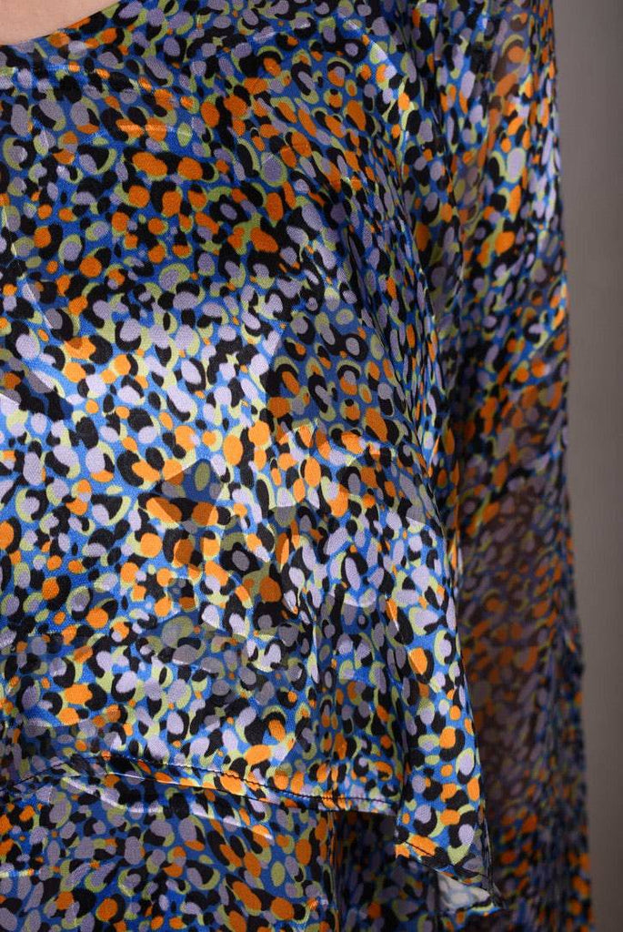 Nymphey, Asymetric top. Silk satin devoré on stretch silk satin. Print "I-drops" on stretch silk "Night Purple" - Tone Barker Silk