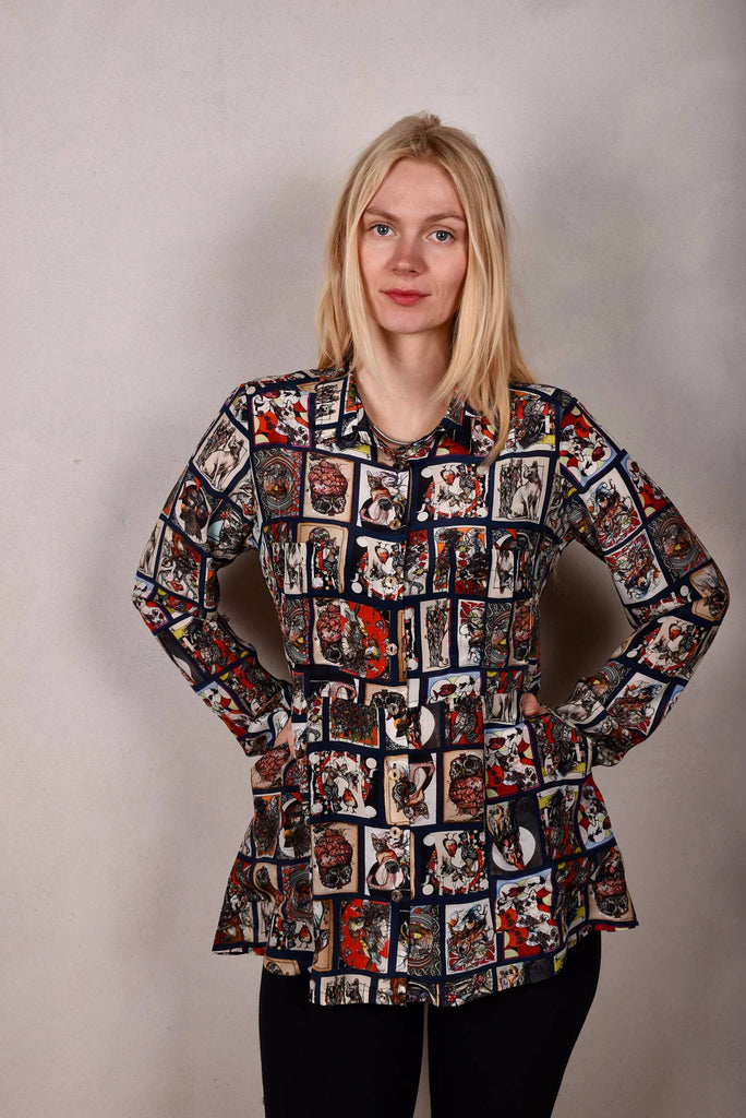 Shohabo. Short shirt-dress in 100% silk Crepe-de-Chine. Print "Susminor" by Suse Hartung - Tone Barker Silk