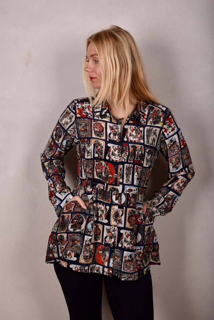 Shohabo. Short shirt-dress in 100% silk Crepe-de-Chine. Print "Susminor" by Suse Hartung - Tone Barker Silk