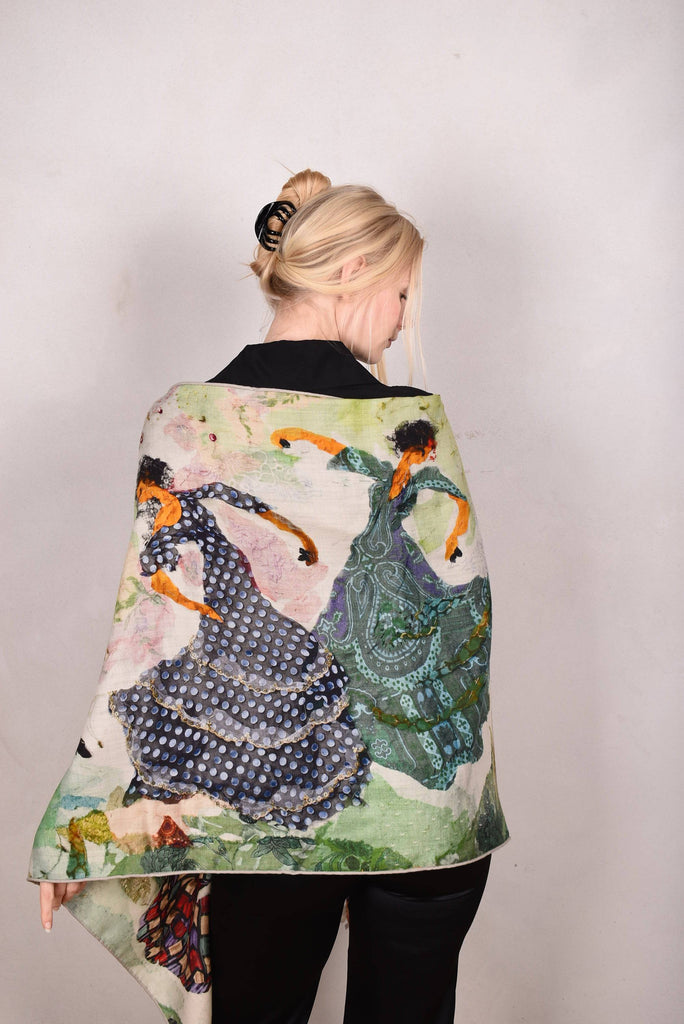 Artist shawl in Pure wool. 70X200 cm.  Print "Dancers" by Nulle Oigaard - Tone Barker Silk