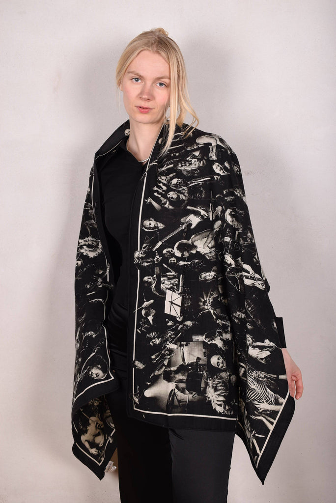 Artist shawl in Pure wool. 70X200 cm.  Print "Guernica" by Jens Raadal - Tone Barker Silk