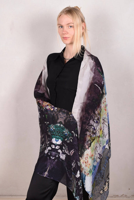 Artist shawl in Pure wool. 70X200 cm.  Print "Lake in Winter" by Nulle Oigaard - Tone Barker Silk