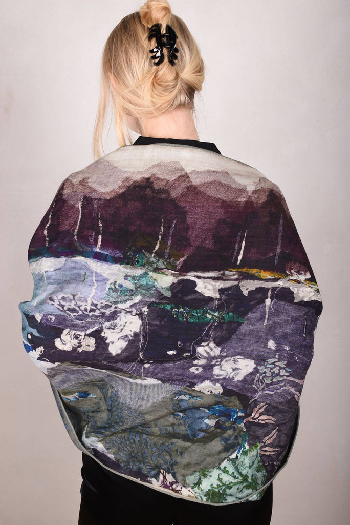 Artist shawl in Pure wool. 70X200 cm.  Print "Lake in Winter" by Nulle Oigaard - Tone Barker Silk