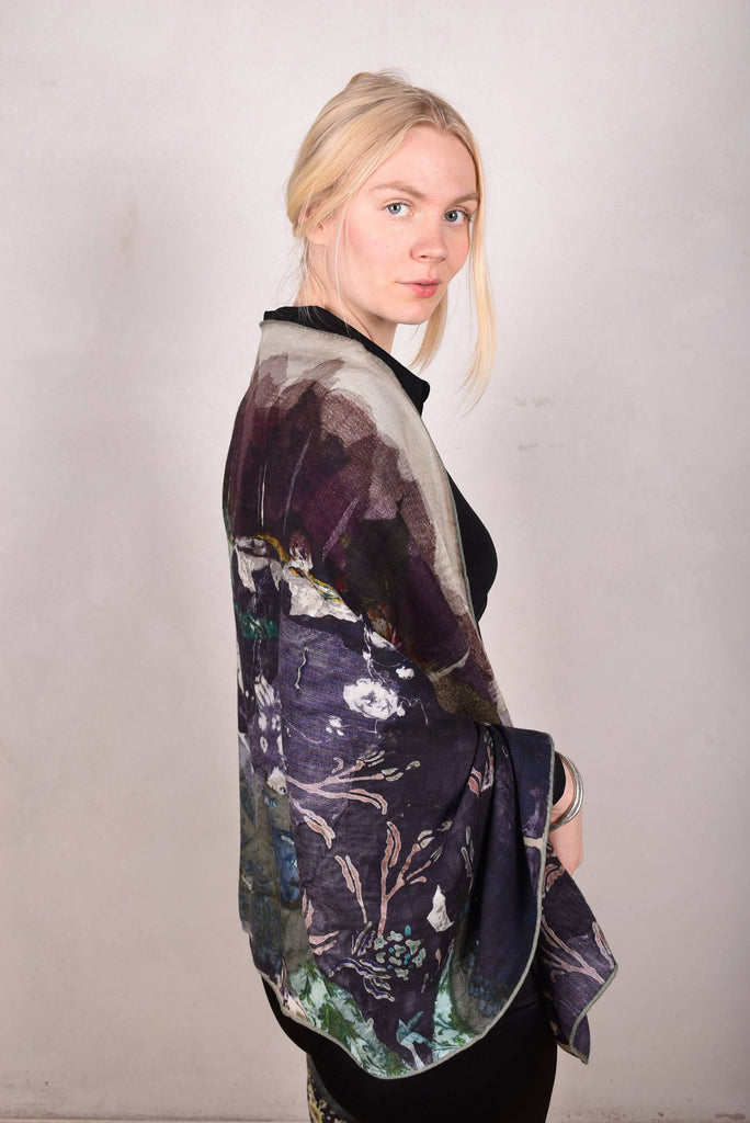 Artist shawl in Pure wool. 70X200 cm.  Print "Lake in Winter" by Nulle Oigaard - Tone Barker Silk